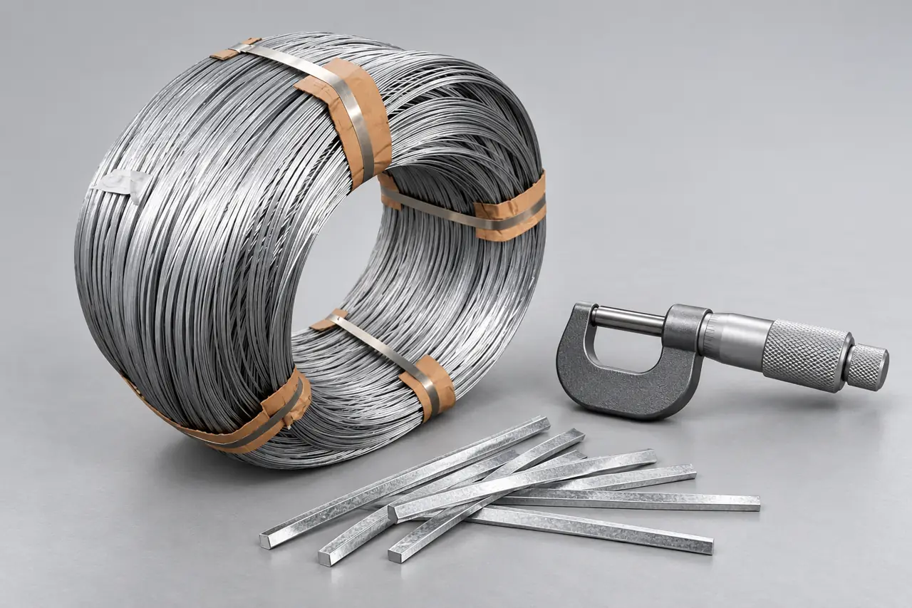 Retained flat-wire sample lengths beside a tied coil and a plain measuring tool