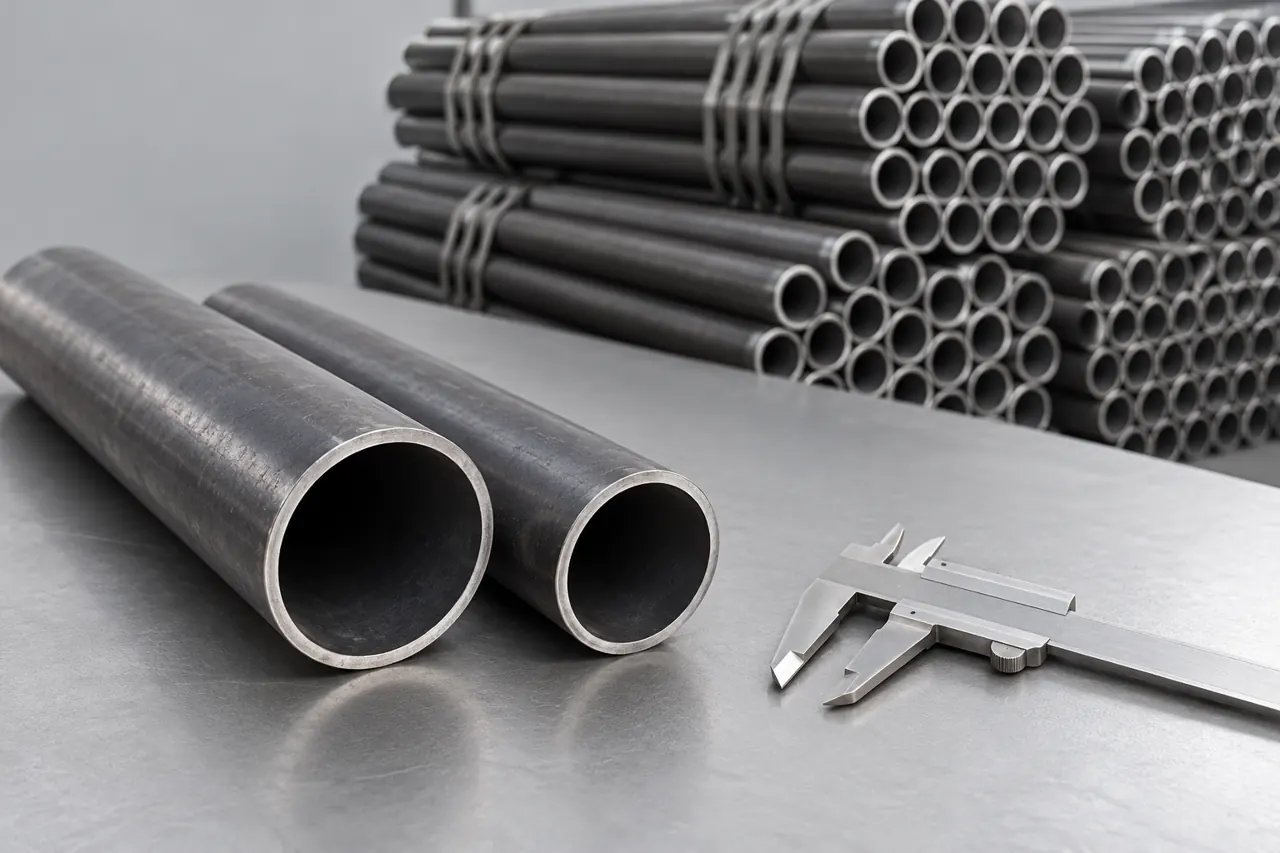 Retained black tube samples with a plain caliper on a clean inspection bench