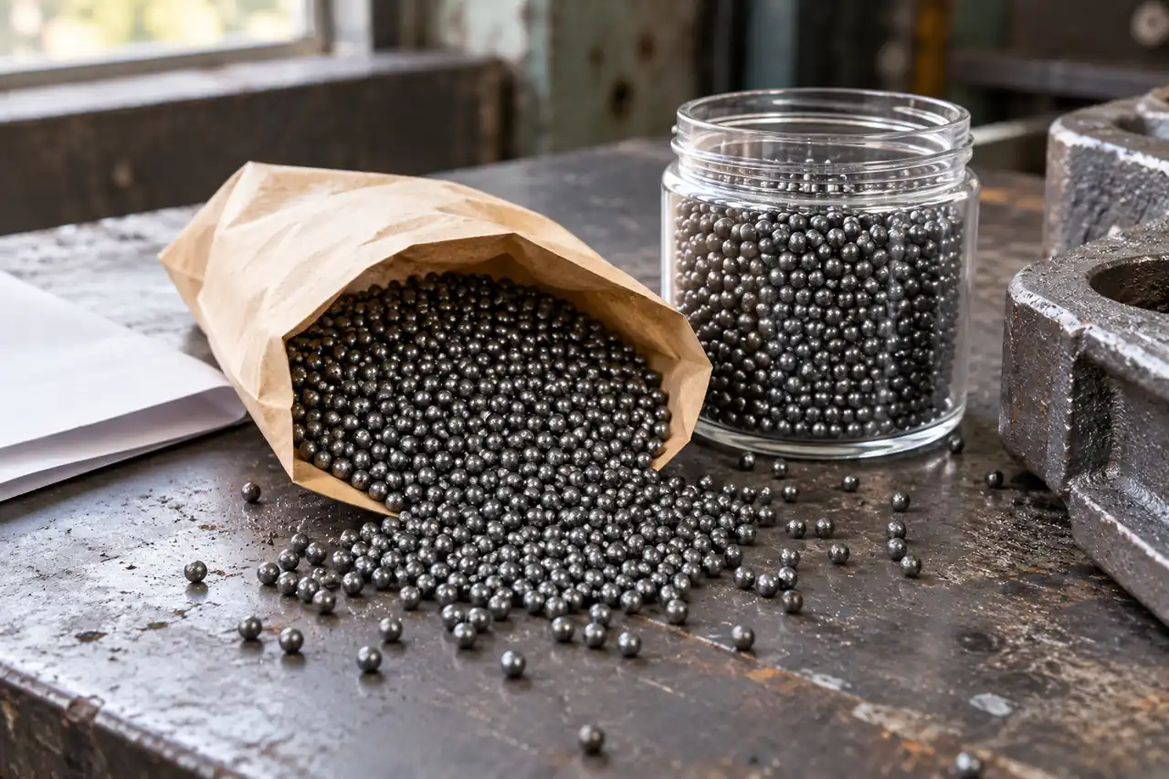 A steel-shot sample pouch and jar illustrating sample identification