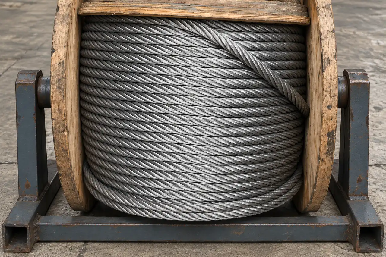 A wire-rope reel on a simple industrial support illustrating handling needs
