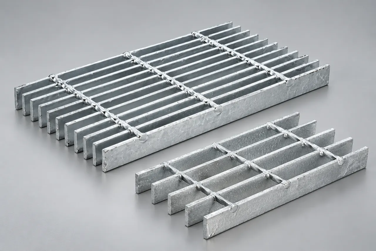 Galvanized steel grating panels with parallel bearing bars and cross bars on a neutral support