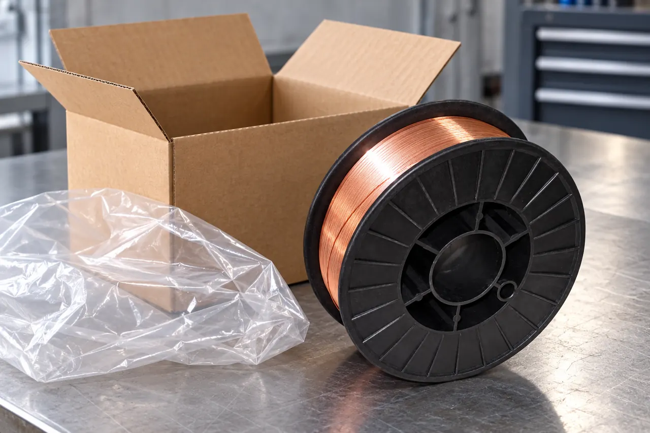 Unprinted protective carton beside a separate welding-wire spool