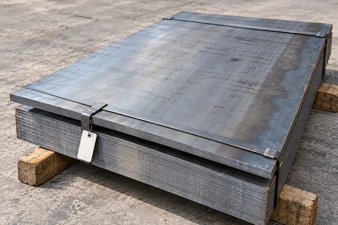 A stack of steel plates on timber supports illustrating shipment handling