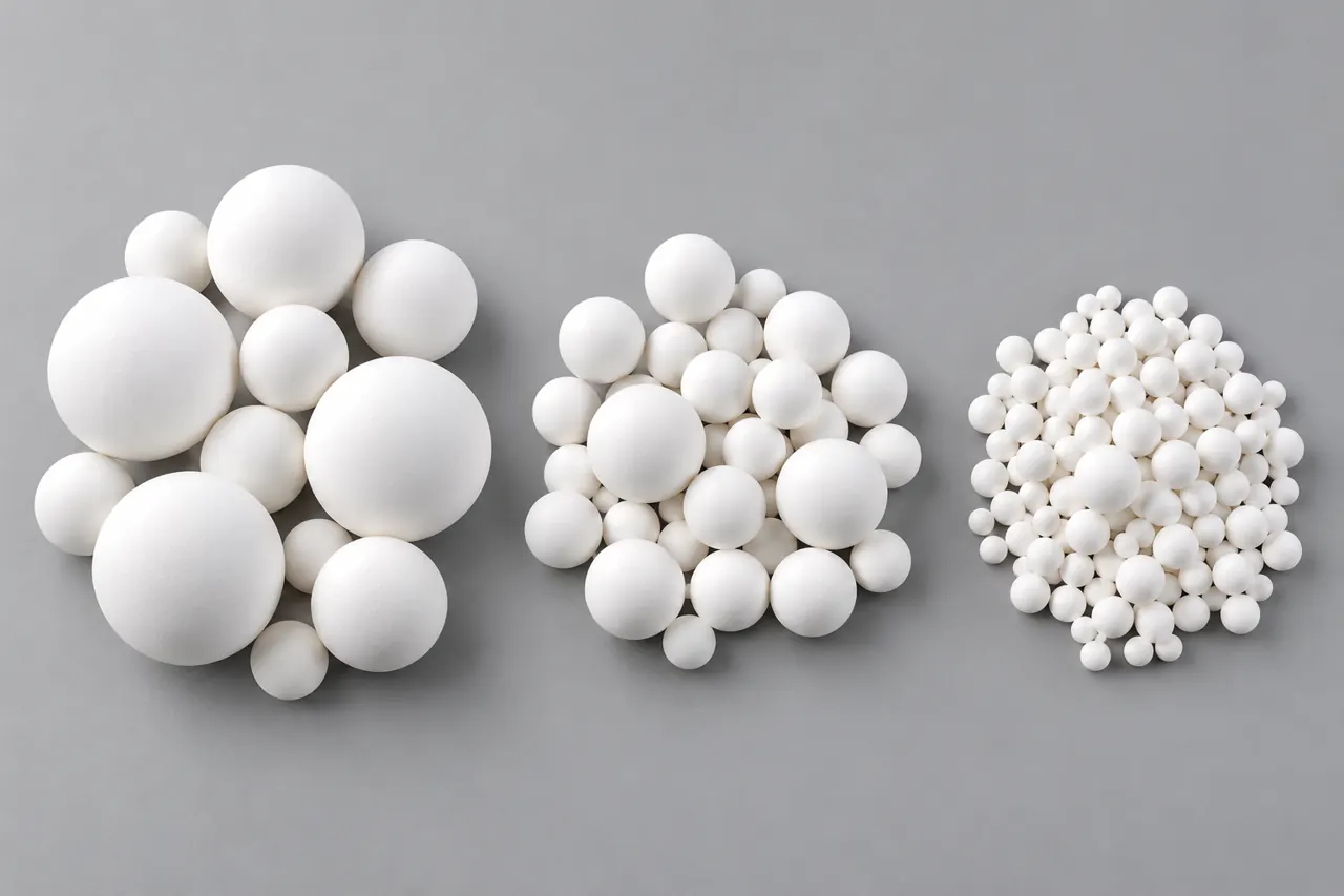 Separate groups of white alumina ceramic balls showing distinct physical sizes