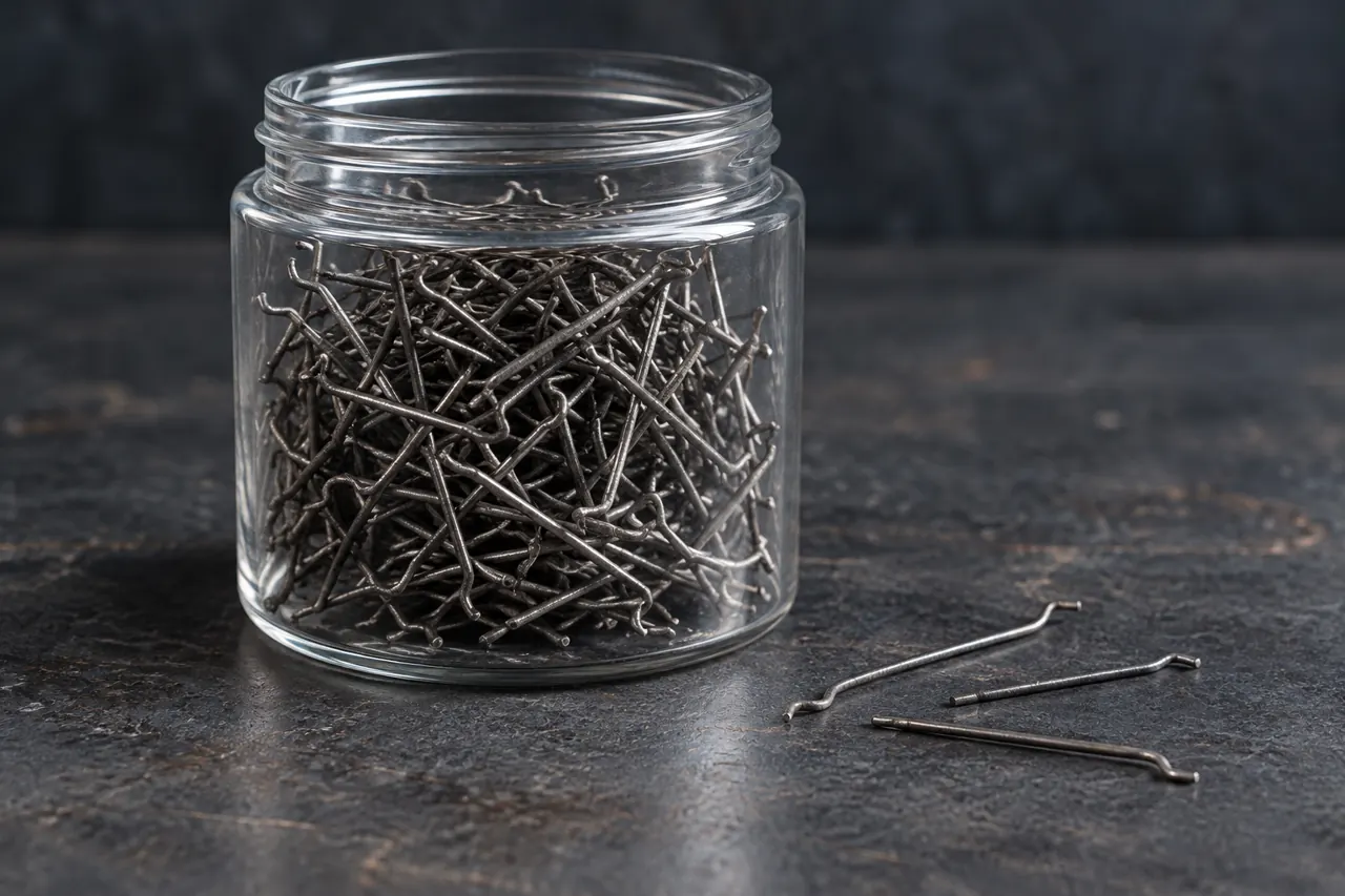 Retained hooked-end steel fibres in a clear sample container with separate loose pieces
