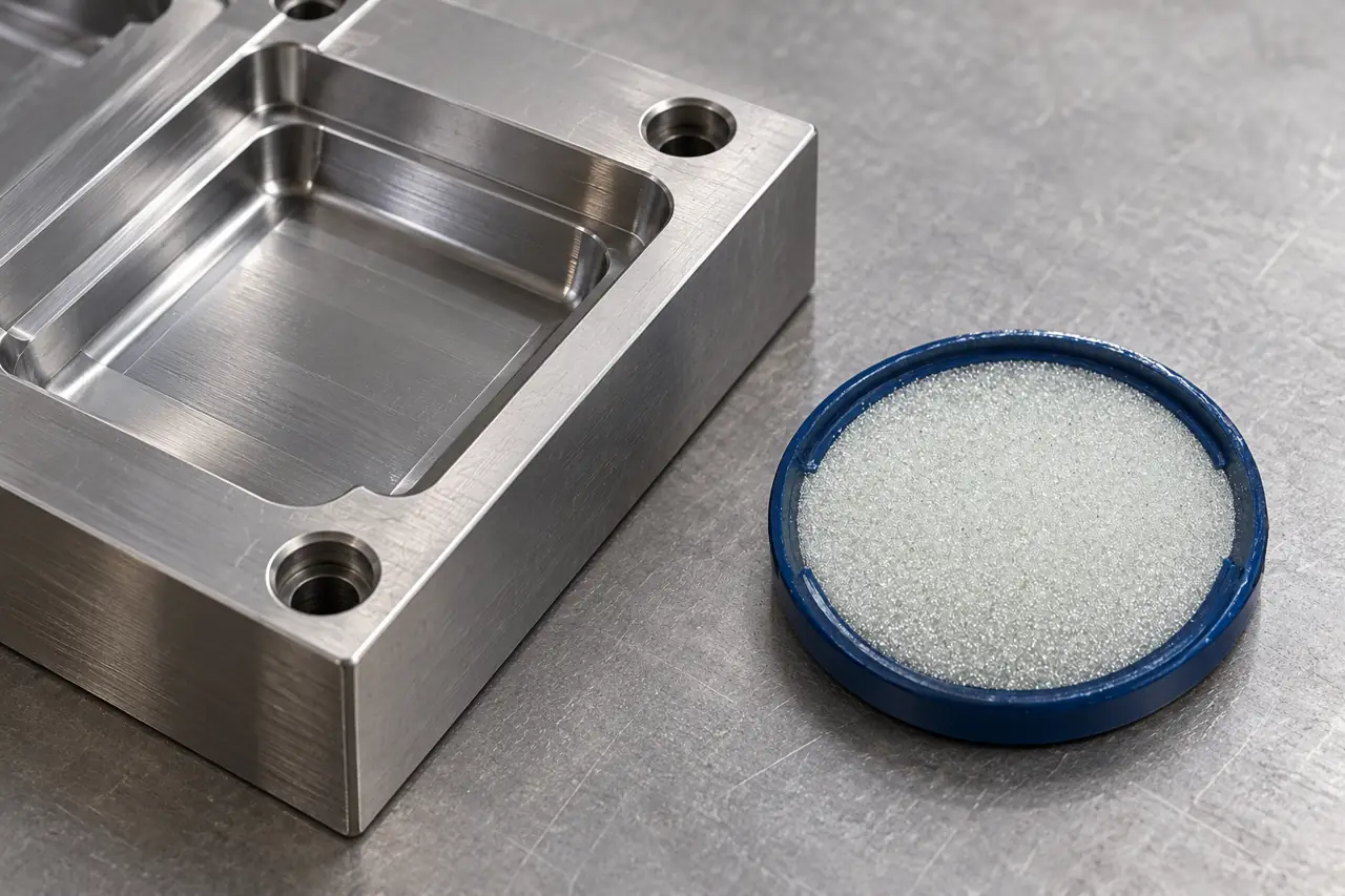 Close view of a simple machined steel mould surface with a separate glass-bead sample dish