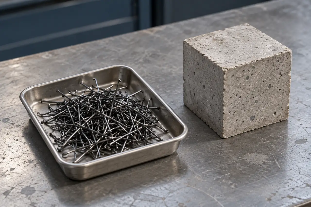 Hooked-end steel-fibre sample tray beside a plain concrete specimen in a neutral studio