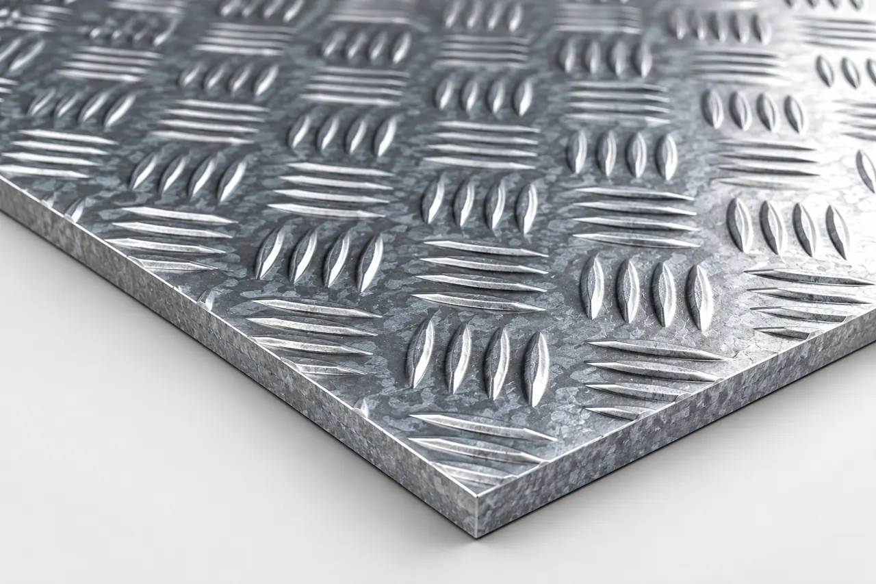 Close view of raised chequered steel pattern with the plate edge visible