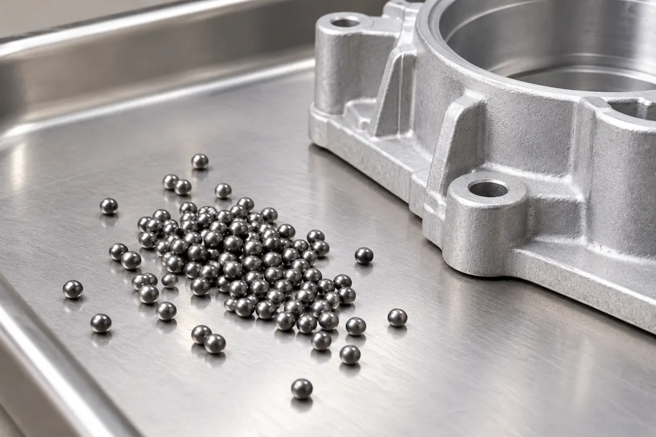 Rounded stainless shot beside an aluminum die-cast component