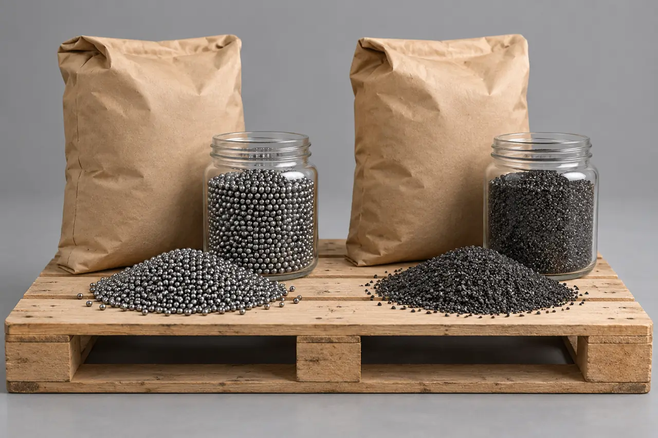 Clearly separated abrasive packages with sample jars illustrating receiving segregation