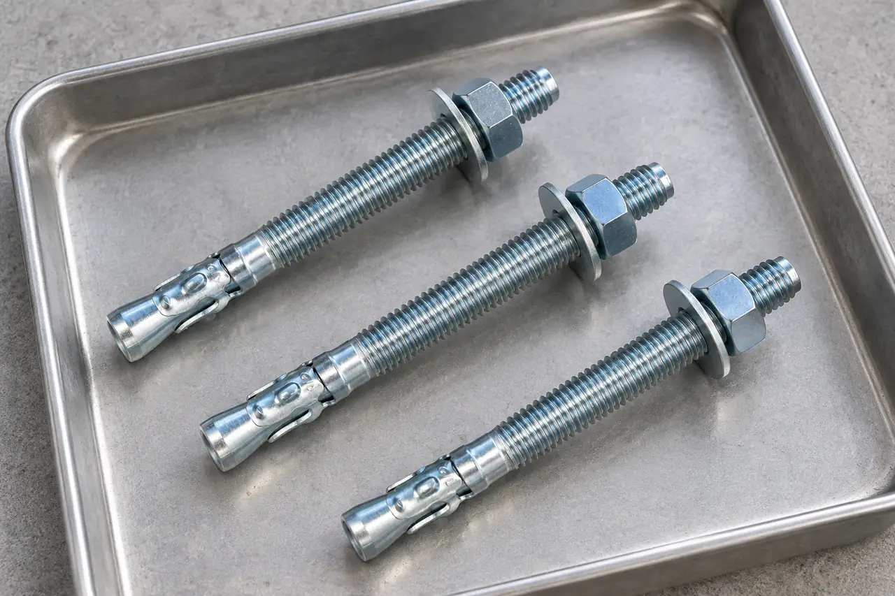 Three wedge-anchor assemblies separated on a sample tray