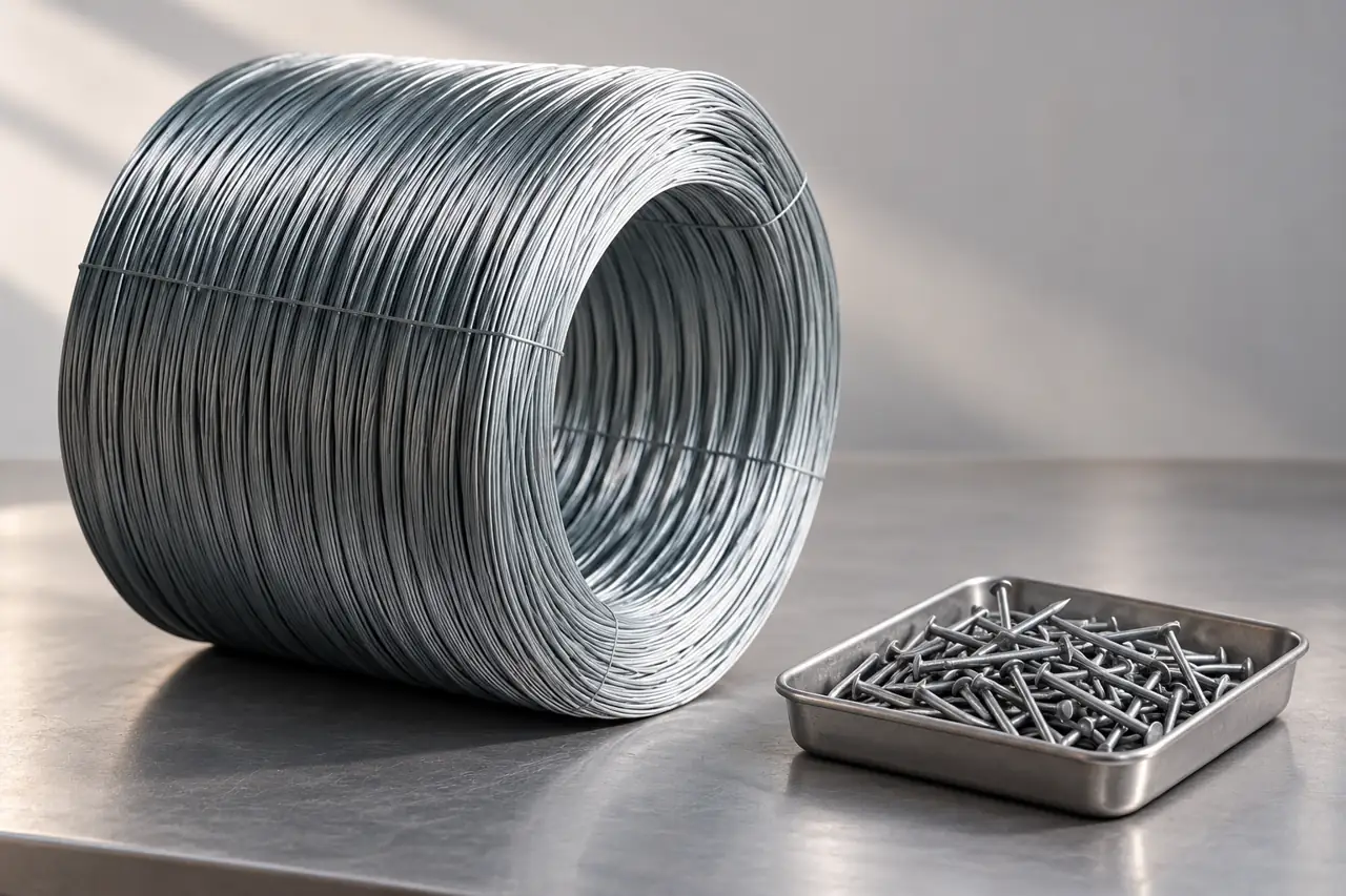 Wire rod coil beside a separate tray of plain steel nails