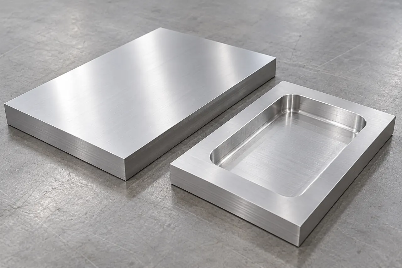 Aluminium blank and a simple machined rectangular sample illustrating a trial
