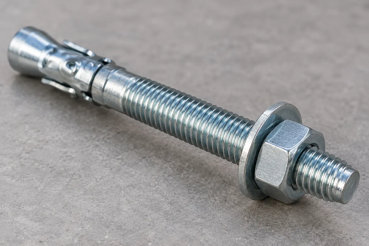 Close view of a wedge-anchor thread, nut and washer
