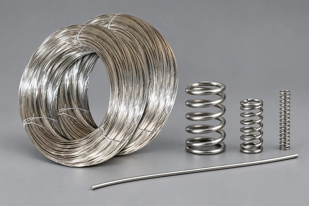 A retained stainless spring-wire sample and formed spring specimens arranged on an inspection bench