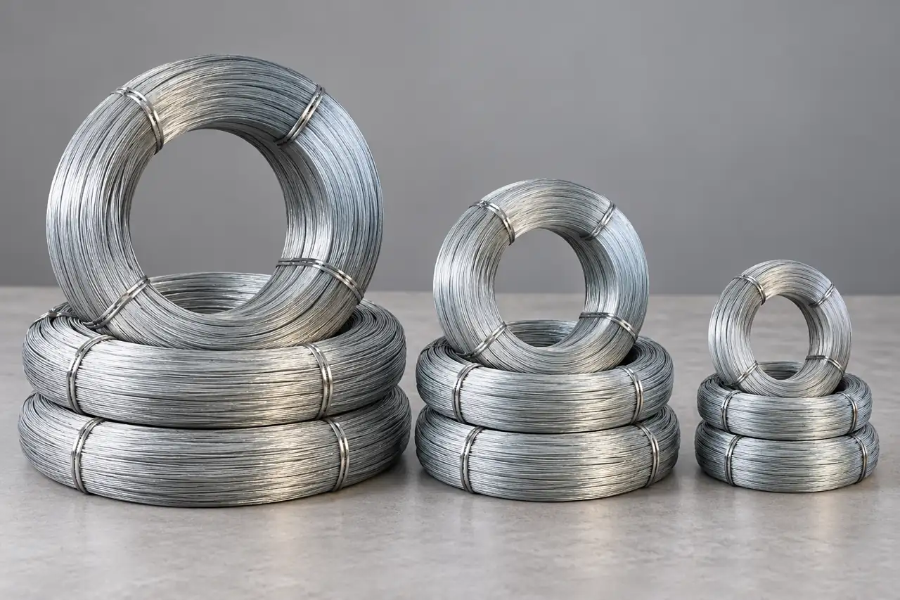Several distinct galvanized wire coils kept in separate orderly groups