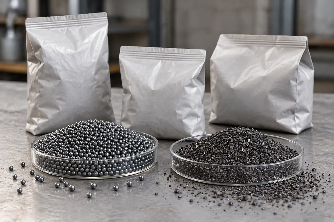 Plain unprinted industrial packages beside separate shot and grit samples for order planning