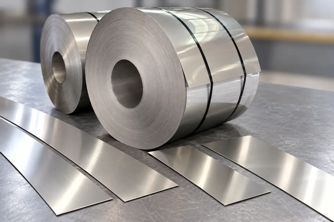 Stainless flat sample strips separated on an inspection table