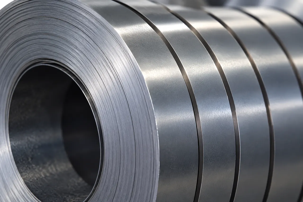 Close detail of steel strip coil layers and slit edges