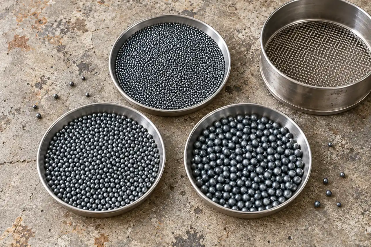 Separate steel-shot samples and a sieve illustrating particle classification