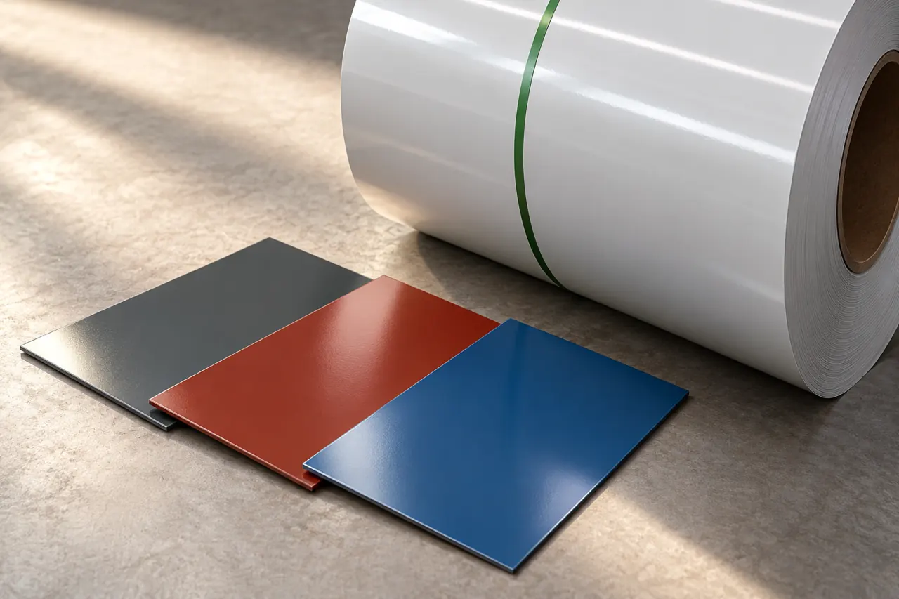 Painted steel colour-sample rectangles on a neutral inspection table