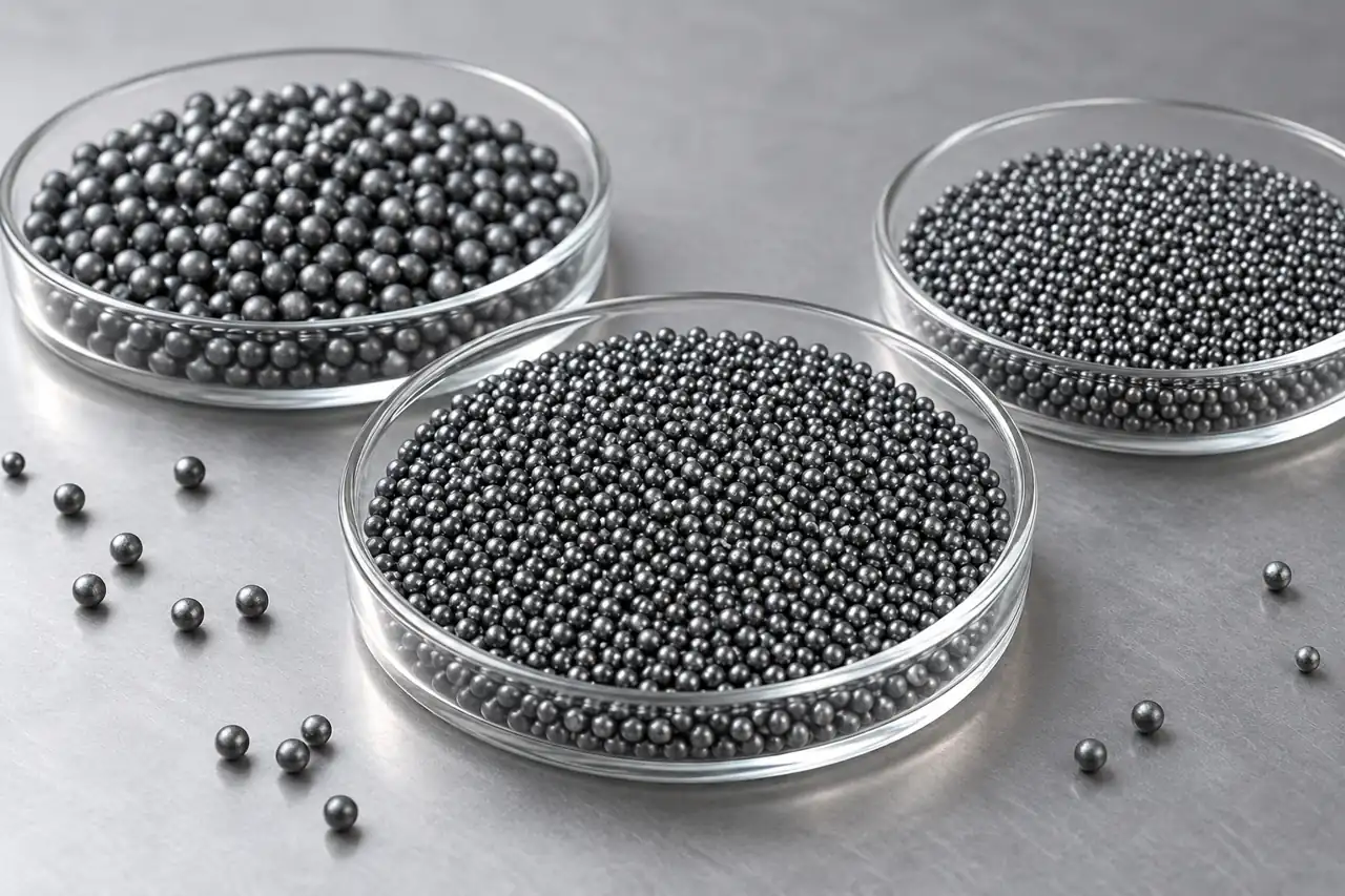 Separate cast steel shot samples in clearly divided inspection dishes