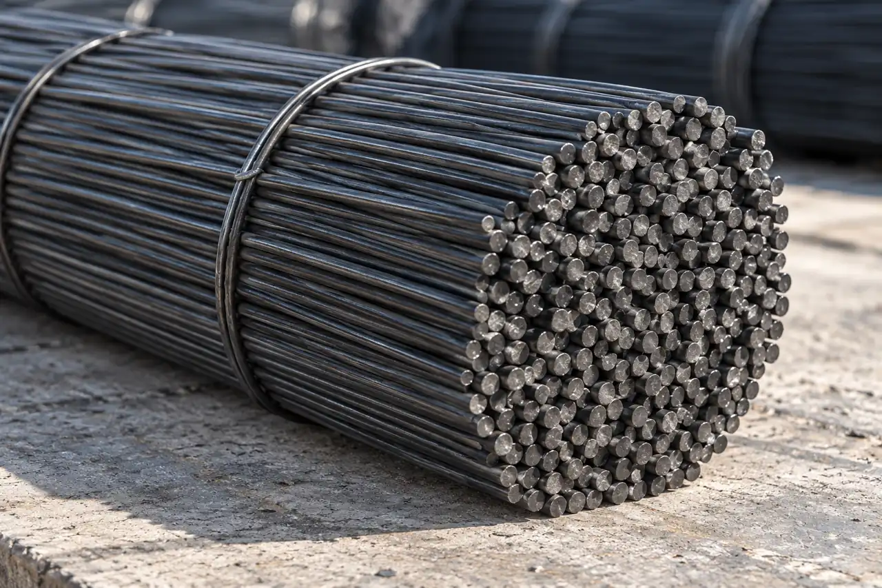 Aligned ends of straight dark steel wire lengths on a sample bench